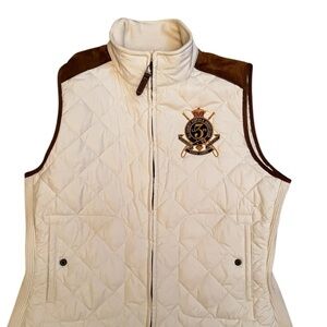 Ralph Lauren Cream and Brown Suede Quilted Vest with Embroidered Crest Logo XL